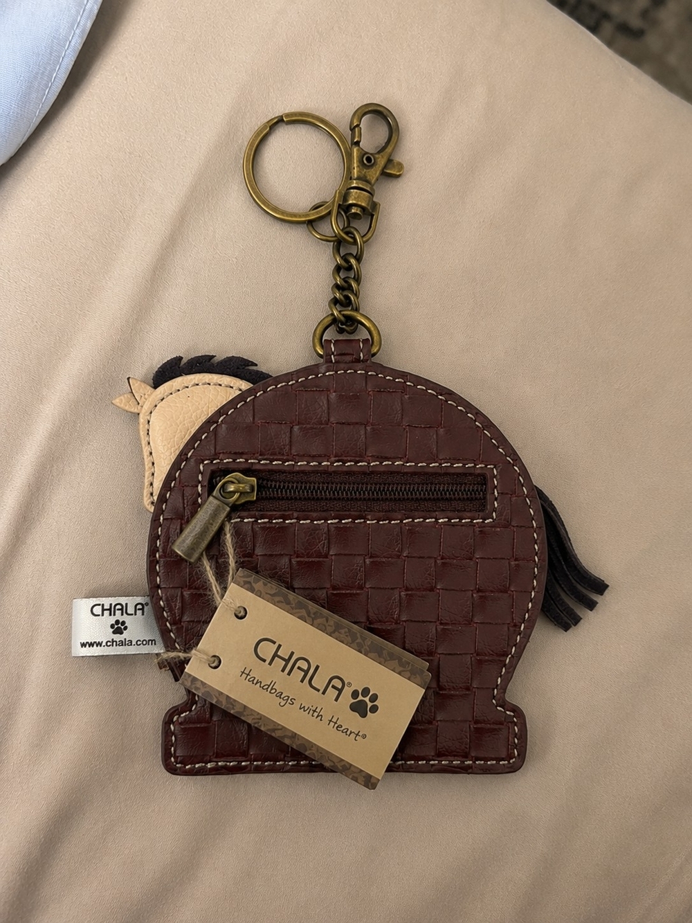 Chala Beige Horse Leather Coin Pouch Keychainwith Red, Green and Black Accents - Picture 2 of 2